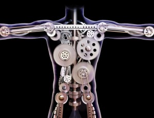 Male human xray with internal gears on a black background